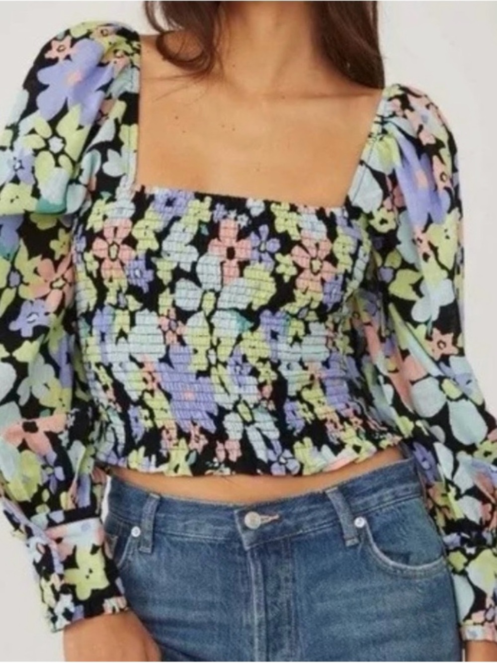 #879 FREE PEOPLE Ariana Black Floral Smocked Square-Neck Puff Sleeve Top (flaw)